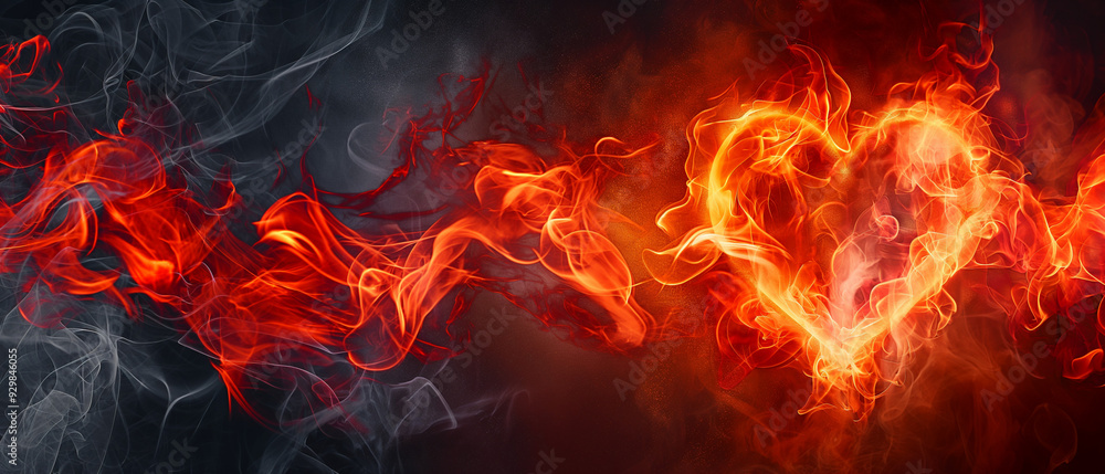Heart-shaped flames amidst swirling smoke on a dark background. Copy space. Generative AI Heart-shaped flames amidst swirling smoke on a dark background. Copy space. Generative AI
