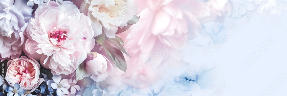 Horizontal banner with delicate pastel peonies on a white background. Greeting card, wedding invitation, Banner with copyspace Horizontal banner with delicate pastel peonies on a white background. Greeting card, wedding invitation, Banner with copyspace
