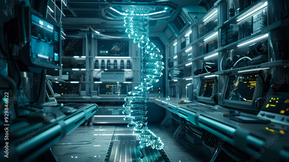 Fototapeta premium Futuristic Laboratory with Glowing DNA Helix