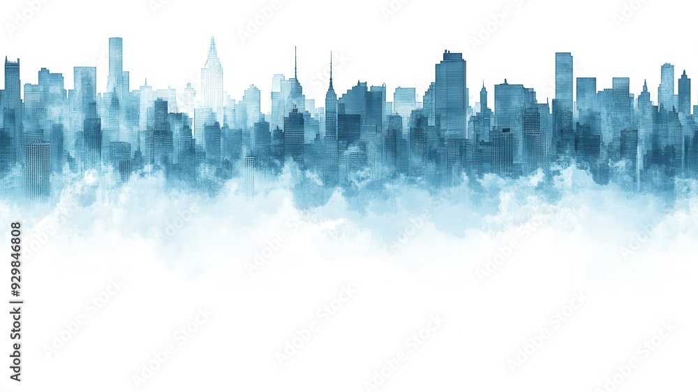 Obraz premium seamless pattern, A serene watercolor skyline featuring skyscrapers emerging from a misty backdrop, creating a calming urban atmosphere.
