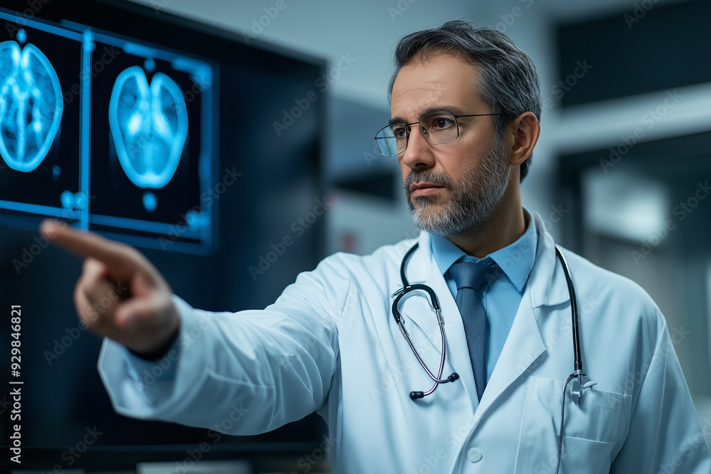 Cardiologist doctor pointing at arteries and veins in a lung model during a routine checkup in a hospital Cardiologist doctor pointing at arteries and veins in a lung model during a routine checkup in a hospital