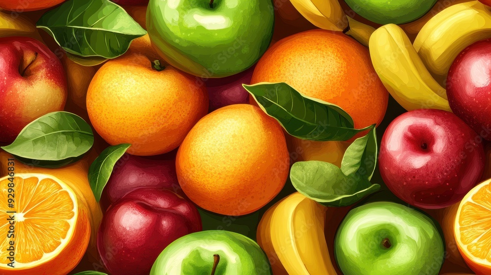 seamless pattern, A vibrant assortment of fresh fruits, including apples, bananas, oranges, and greens, perfect for healthy lifestyle imagery. seamless pattern, A vibrant assortment of fresh fruits, including apples, bananas, oranges, and greens, perfect for healthy lifestyle imagery.