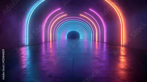 A vibrant neon-lit tunnel with colorful arches and reflective floor.