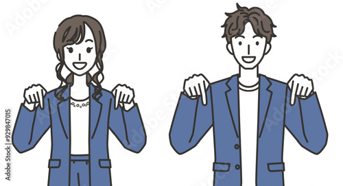 下を指さすオフィスカジュアルコーデの男性と女性