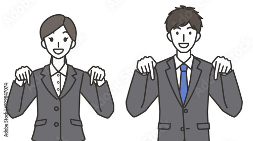 下を指さすスーツを来た男性と女性のイラスト