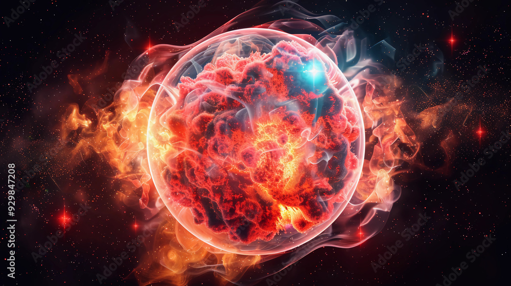 3D Spectacular cosmic cloud explosion within transparent sphere with black background. Nebula and stars in space concept with purple neon. Abstract wallpaper and creative design, AI Generative. 3D Spectacular cosmic cloud explosion within transparent sphere with black background. Nebula and stars in space concept with purple neon. Abstract wallpaper and creative design, AI Generative.