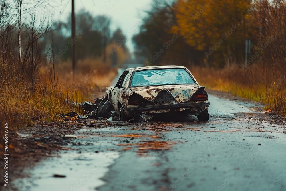 A burnt out car sitting on the side of a road A burnt out car sitting on the side of a road