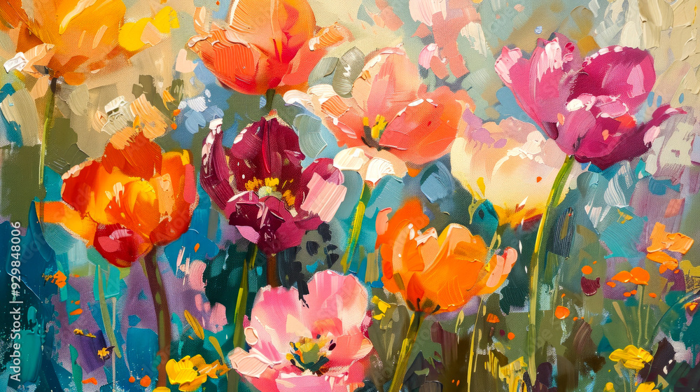 Vibrant Oil Painting of Colorful Flowers in a Garden Vibrant Oil Painting of Colorful Flowers in a Garden