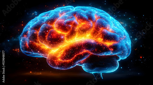 A vibrant, glowing brain illustration representing neural activity.