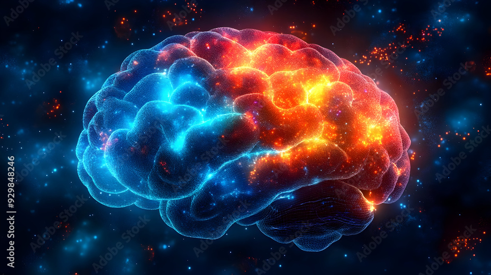A vibrant, glowing representation of a brain in a cosmic setting. A vibrant, glowing representation of a brain in a cosmic setting.