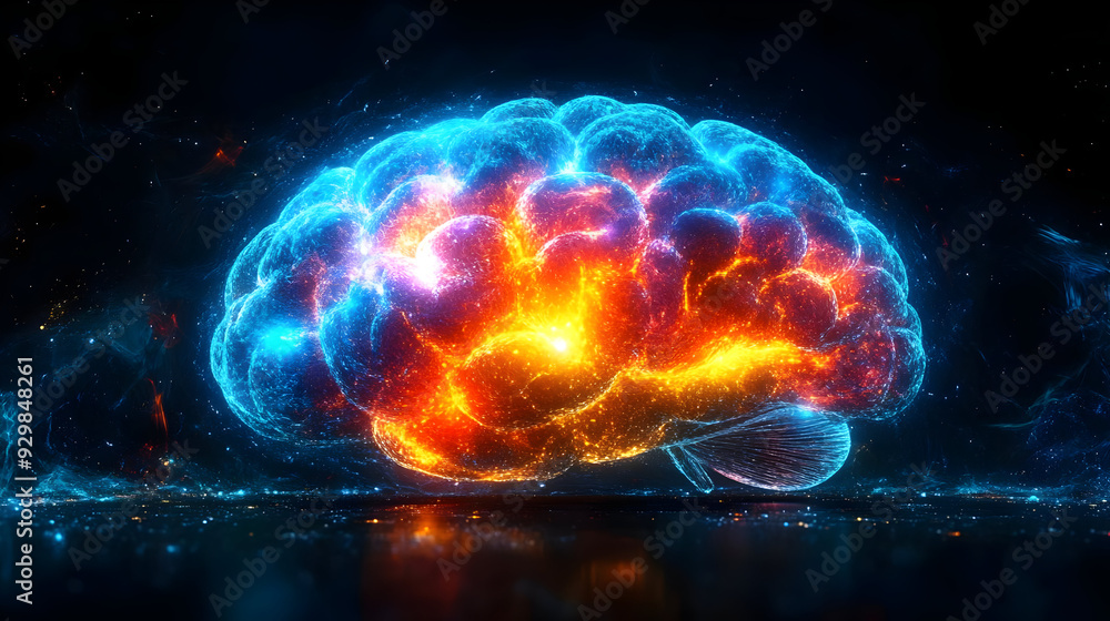 A vibrant, glowing representation of a brain with colorful effects. A vibrant, glowing representation of a brain with colorful effects.
