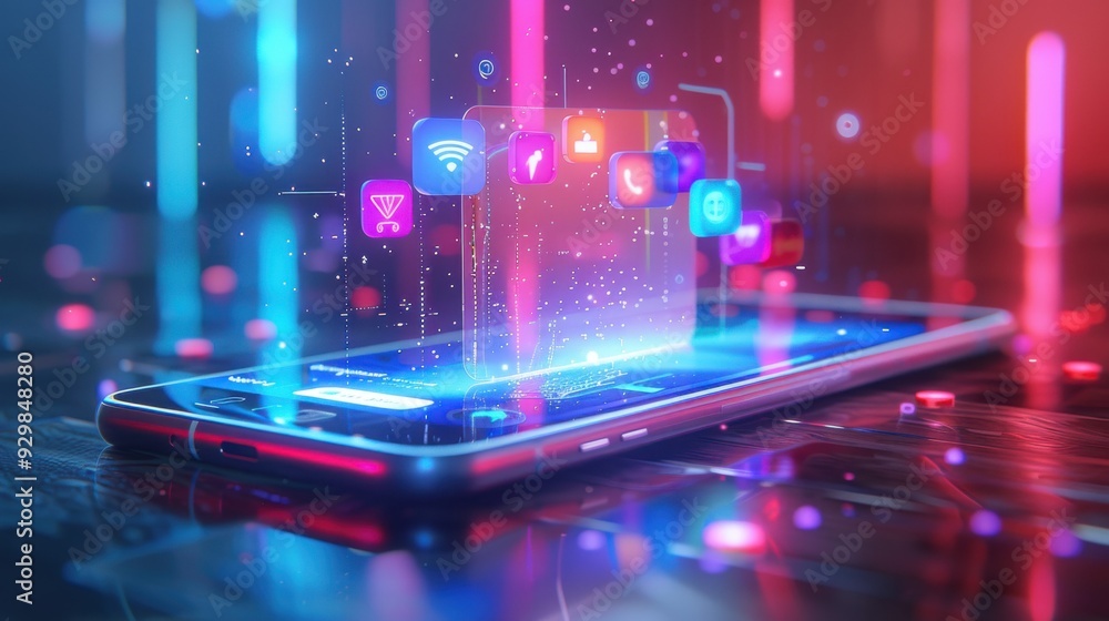 An artistic rendering of a smartphone with a digital wallet app open, projecting holographic icons representing money transfers, payment cards, and transaction histories. The background is a An artistic rendering of a smartphone with a digital wallet app open, projecting holographic icons representing money transfers, payment cards, and transaction histories. The background is a