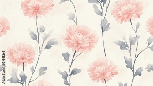 Wallpaper Mural A floral pattern featuring pink chrysanthemums and green leaves on a soft background. Torontodigital.ca
