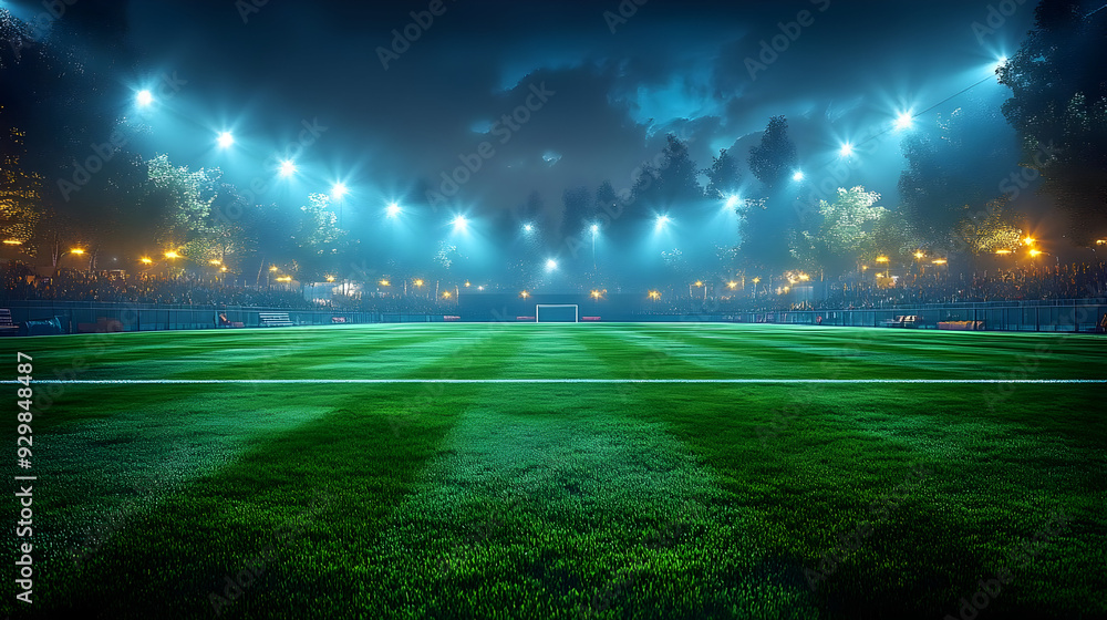 A vibrant, illuminated soccer field at night. A vibrant, illuminated soccer field at night.