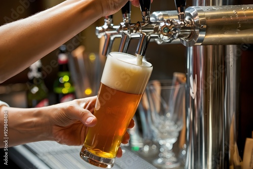 Bartender pours frothy beer into a glass from a metallic tap photo