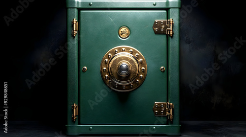 A vintage green safe with a...
