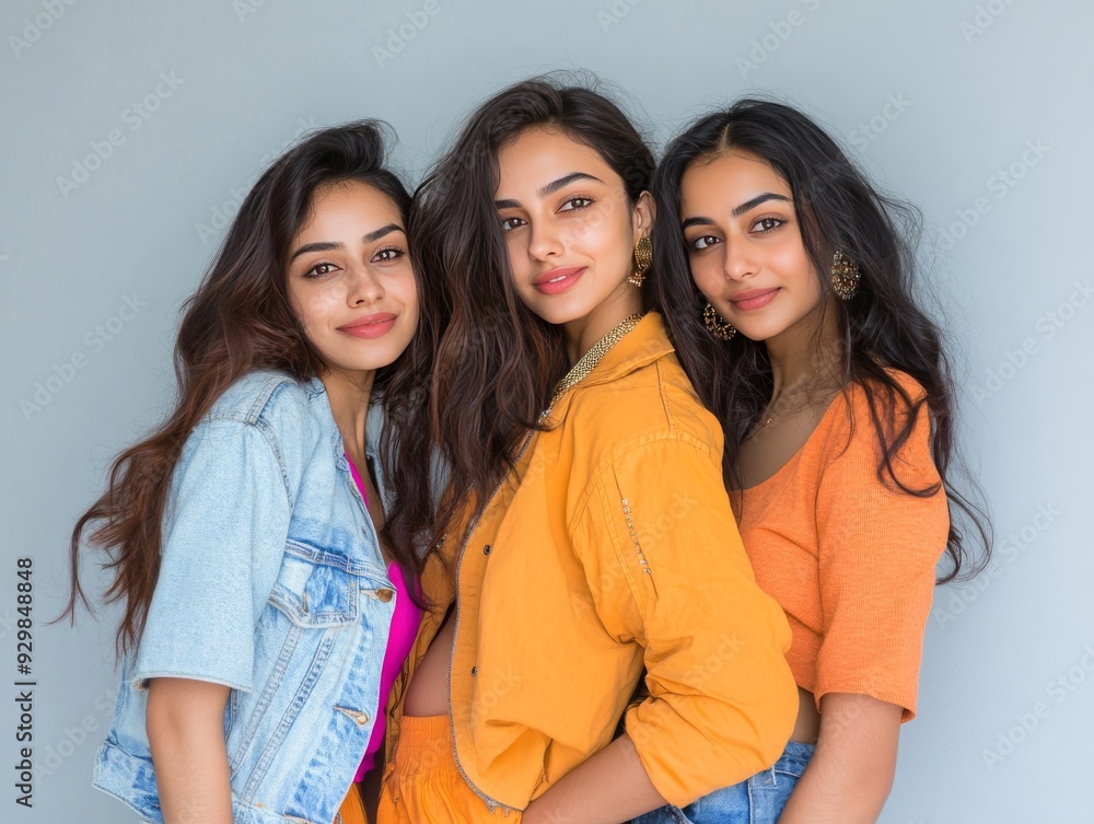Three Modern Indian Women in Their Twenties Posing Happily in Studio with Colorful Setup generative ai Three Modern Indian Women in Their Twenties Posing Happily in Studio with Colorful Setup generative ai