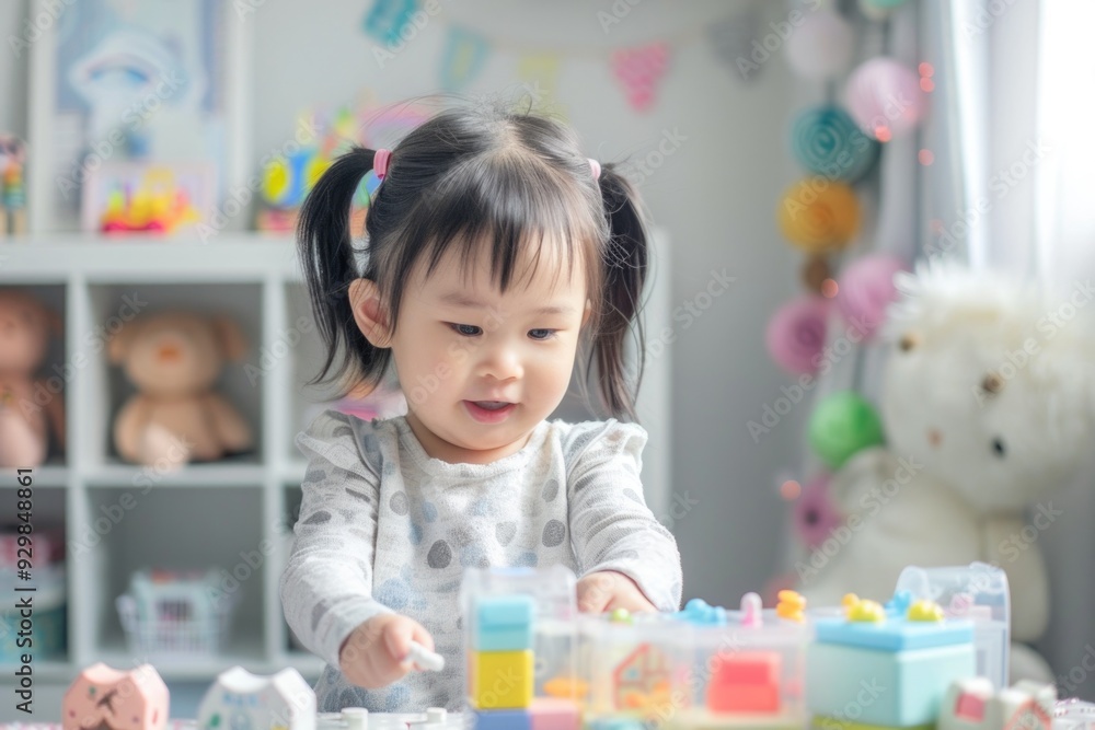 Adorable Toddler Girl Playing with Blocks in a Bright and Cheerful Playroom - Perfect for Family, Childhood, and Early Learning Designs Adorable Toddler Girl Playing with Blocks in a Bright and Cheerful Playroom - Perfect for Family, Childhood, and Early Learning Designs