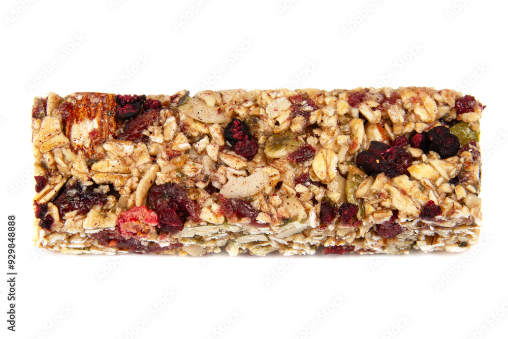 Granola bar cereal superfood energy nuts with berries isolated on white background Granola bar cereal superfood energy nuts with berries isolated on white background