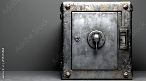 A weathered metal safe with...