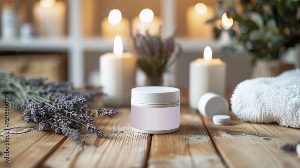 A jar of cream sits on a wooden table next to candles and lavender flowers A jar of cream sits on a wooden table next to candles and lavender flowers
