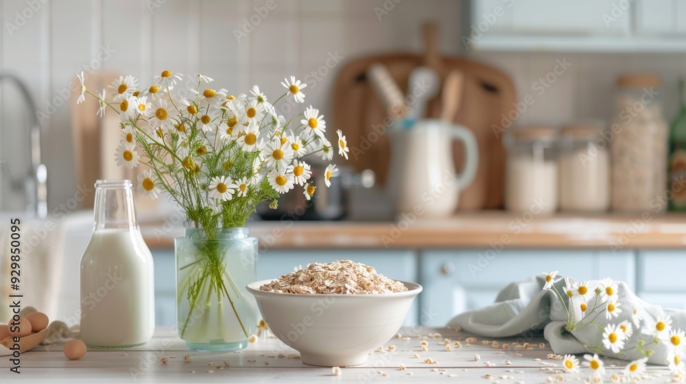 A kitchen counter with a bowl of oatmeal, a vase of daisies A kitchen counter with a bowl of oatmeal, a vase of daisies