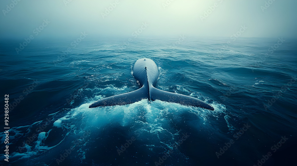 Naklejka premium A whale's tail emerging from tranquil ocean waters in fog.