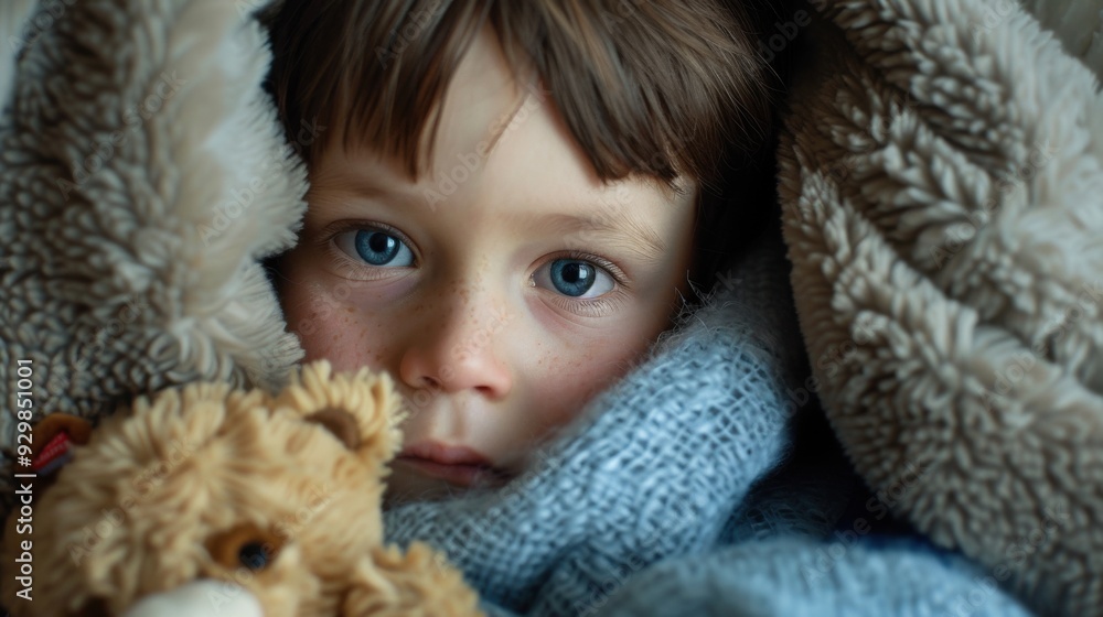 A young child is wrapped in a blanket and has a teddy bear on their lap A young child is wrapped in a blanket and has a teddy bear on their lap