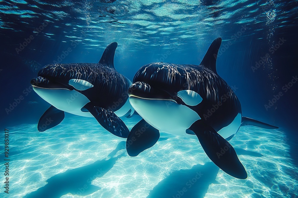 Obraz premium Two killer whales swimming in the ocean