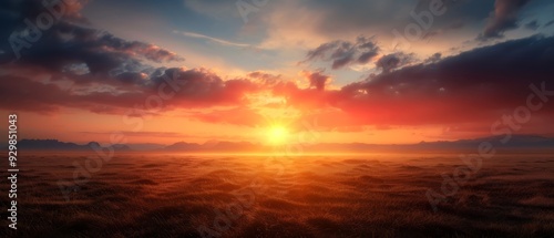  The sun sets over an expansive land horizon, featuring mountains in the distance and cloud-filled sky