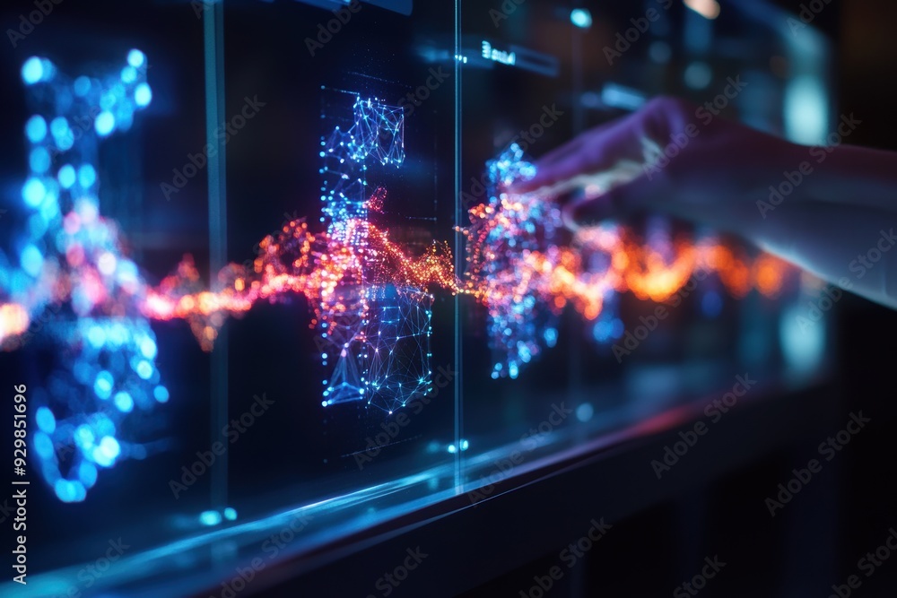 Fototapeta premium An advanced biology taxonomy evolution displayed through a biochemistry hologram in a futuristic setting, showcasing cutting-edge research.