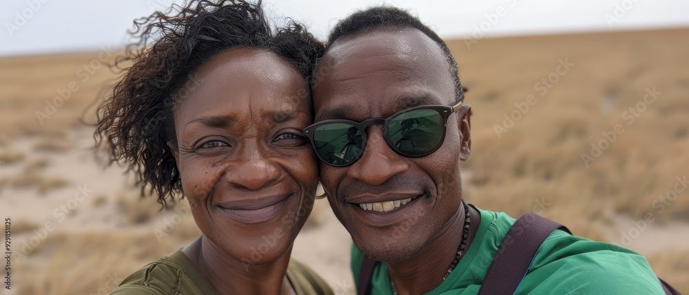 Fototapeta premium A man and a woman pose before a sand dune, adorned with grass and bushes, serving as the scenic backdrop