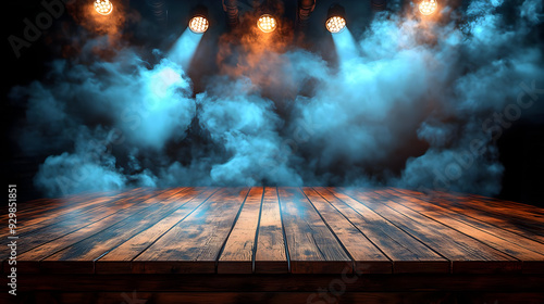 A wooden stage with dramati...