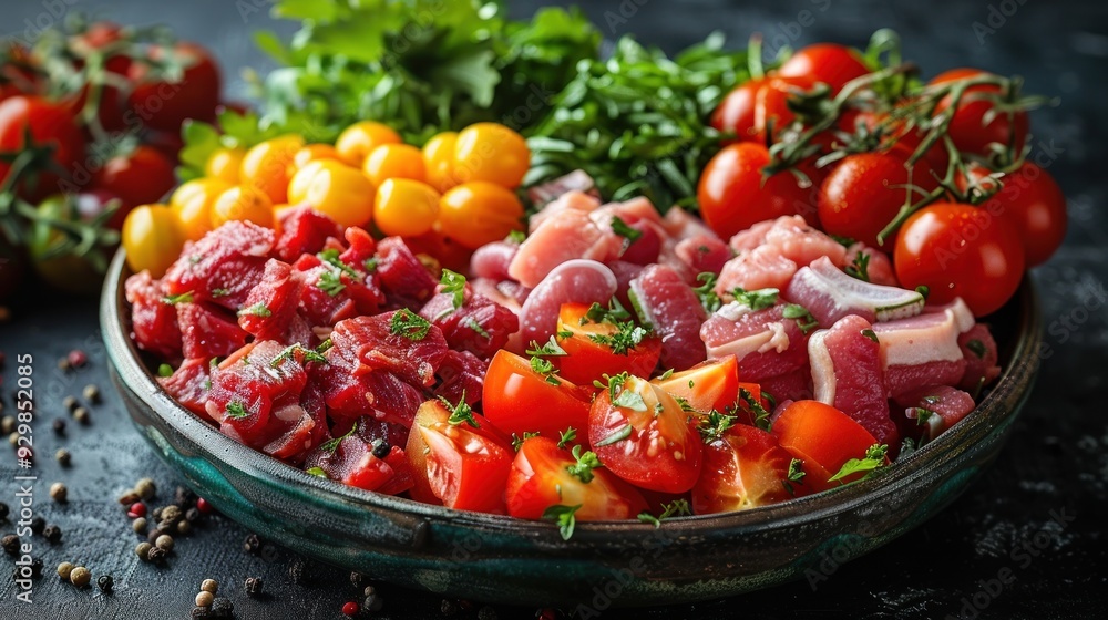 Fresh ingredients, pork and vegetables Fresh ingredients, pork and vegetables