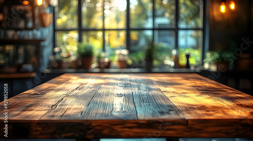 A wooden table in a sunlit ...