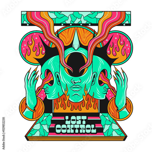 Lost control psychedelic t-shirt design, trippy graphic t shirt, artwork clothing design for print. Vector illustration