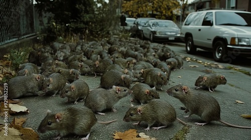 A large group of rats walking down a street next to parked cars photo