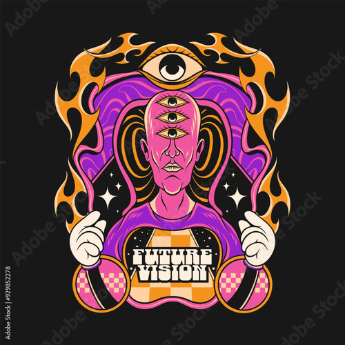 Psychedelic t-shirt design, eye trippy graphic t shirt, artwork clothing design for print. Vector illustration