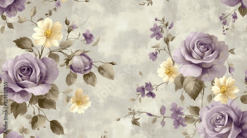 A floral pattern featuring roses and other flowers in soft colors. photo