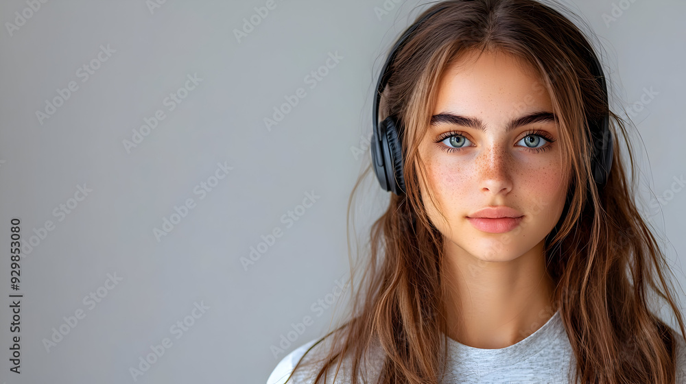 A young woman with headphones, showcasing a relaxed expression. A young woman with headphones, showcasing a relaxed expression.
