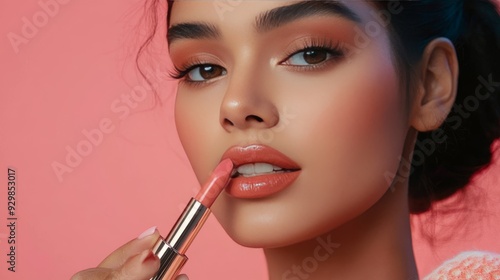 High-Resolution Shot of Indian Girl Applying Liquid Lipstick with Detailed Features generative ai