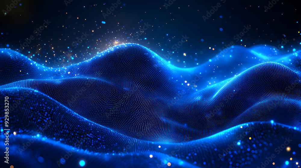 Abstract blue wave pattern with glowing particles and depth. Abstract blue wave pattern with glowing particles and depth.