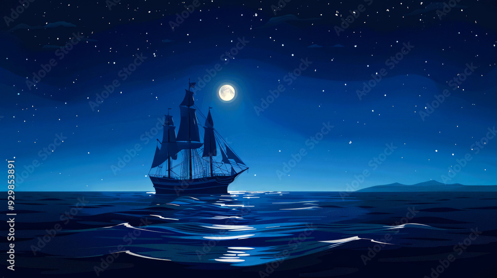 A Silhouette of a Tall Ship Sailing Under a Starry Night Sky A Silhouette of a Tall Ship Sailing Under a Starry Night Sky