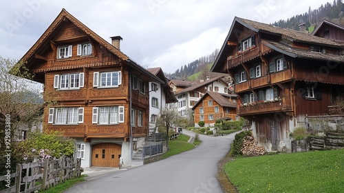 Traditional architecture of a typical mountain village in the Obertoggenburg region, Stein, in the Canton of St. Gallen, Switzerland. photo