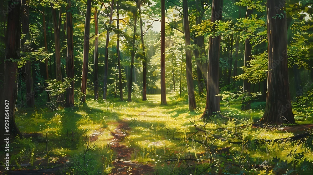 Obraz premium Calm early morning stroll through verdant wooded areas with dappling light