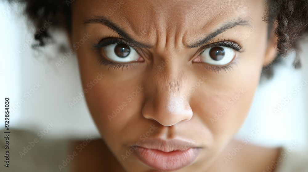 Fototapeta premium A woman with a frowning face and angry eyes. She is looking at the camera with a look of annoyance