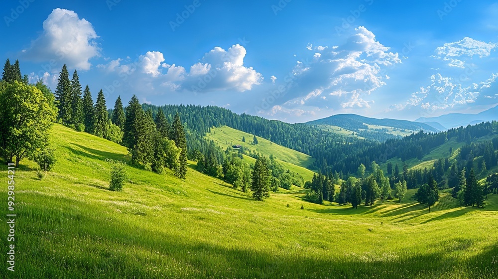 A beautiful green landscape of meadows and trees under a blue sky with clouds, viewed from the mountain at Bukovinsky Pass. A beautiful green landscape of meadows and trees under a blue sky with clouds, viewed from the mountain at Bukovinsky Pass.