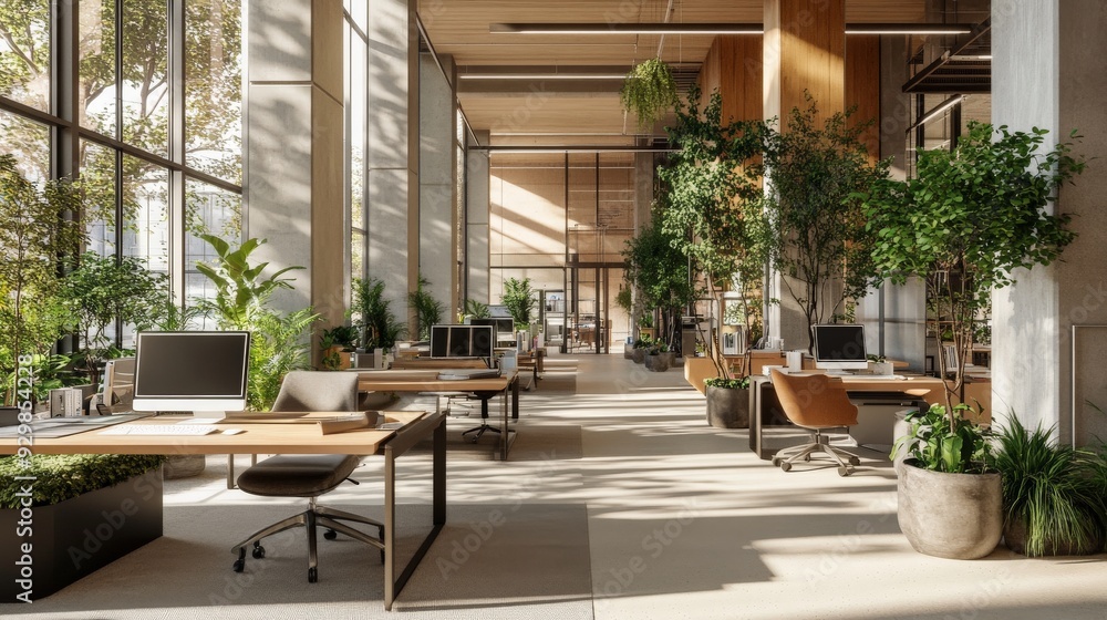 Modern Office Space with Natural Light and Greenery. Modern Office Space with Natural Light and Greenery.