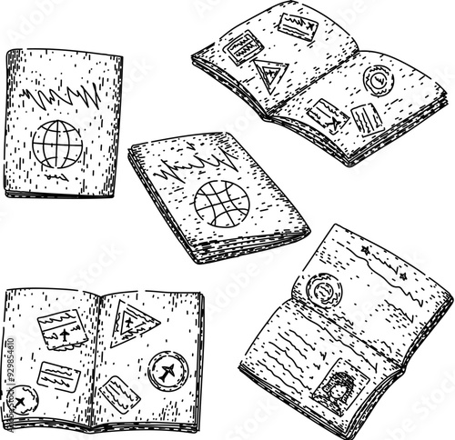 passport set hand drawn. document international, embassy consulate, citizenship immigration passport vector sketch. isolated black illustration