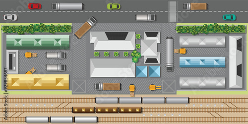 Top view of large logistics park with warehouse.